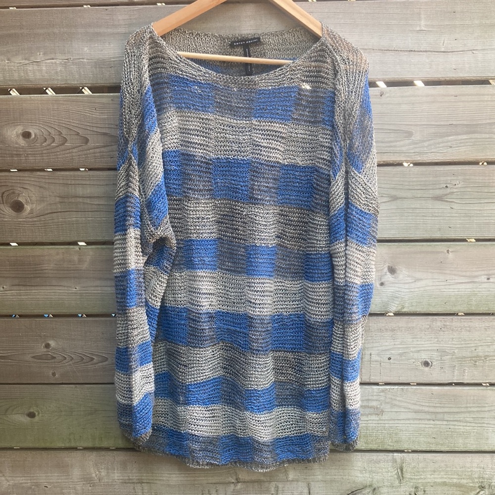 SARAH PACINI grey and blue striped linen crochet cover-up (one size)